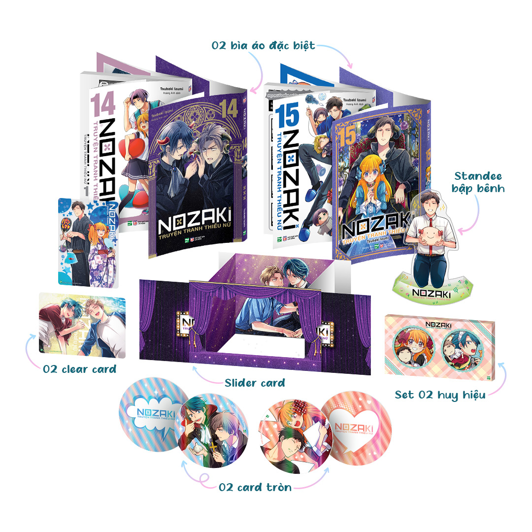 Bộ Bộ Manga - Nozaki & Truyện Tranh Thiếu Nữ: Tập 14 + Tập 15 (Bộ 2 Tập) - Bản Sưu Tầm - Tặng Kèm 2 Bìa Áo + 1 Standee Bập Bênh + 2 Clear Card + 1 Slider Card + 1 Set 2 Huy Hiệu + 2 Card Tròn - Ảnh 2